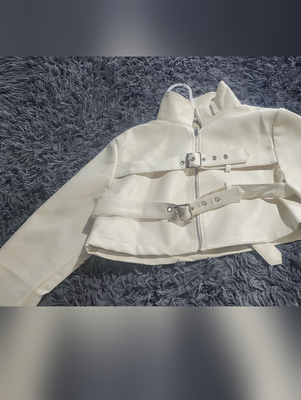 SHEIN Ivory Cropped Buckle-Front Leather Jacket